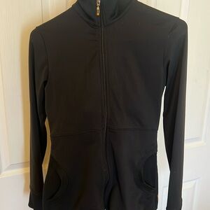 Lucy XS fitted  yoga/workout jacket. Front pockets.  zip . Black jersey